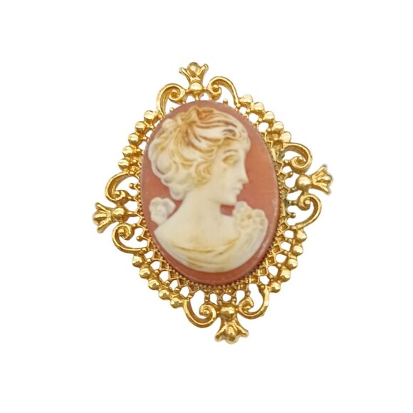 Vintage Avon Cameo Brooch Solic Perfume Locket Gold-Tone Oval - Picture 1 of 4
